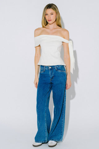 Off-Shoulder Bow Detail Knit Top