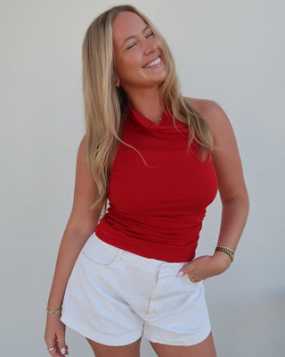 Ruched High-Neck Sleeveless Top