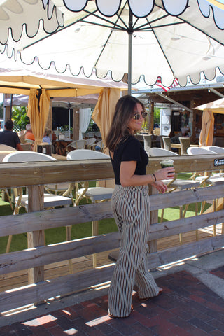 LOW RISE SIDE BUCKLE DETAIL STRIPED PANTS